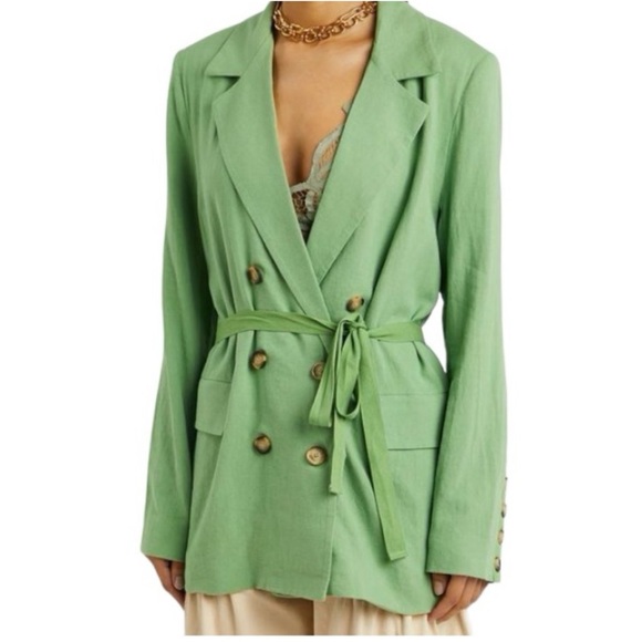 Free People Olivia Blazer Grassland Green Linen Blend Tie Belt Jacket XS - Picture 2 of 9